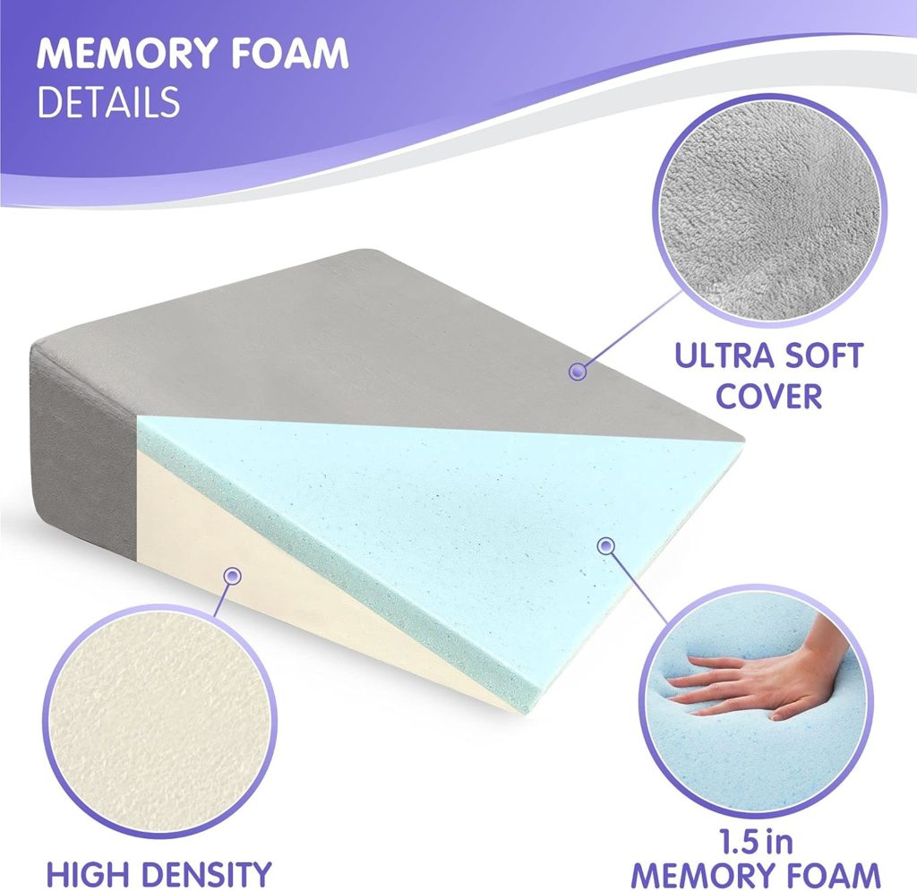 Bed Wedge Pillow Cooling Memory Foam Top –8 24 24 Elevated Support Cushion, Wedge Pillows for Sleeping, Lower Back Pain, Acid Reflux, Heartburn, Allergies, Snoring, Legs –Removable Washable Cover