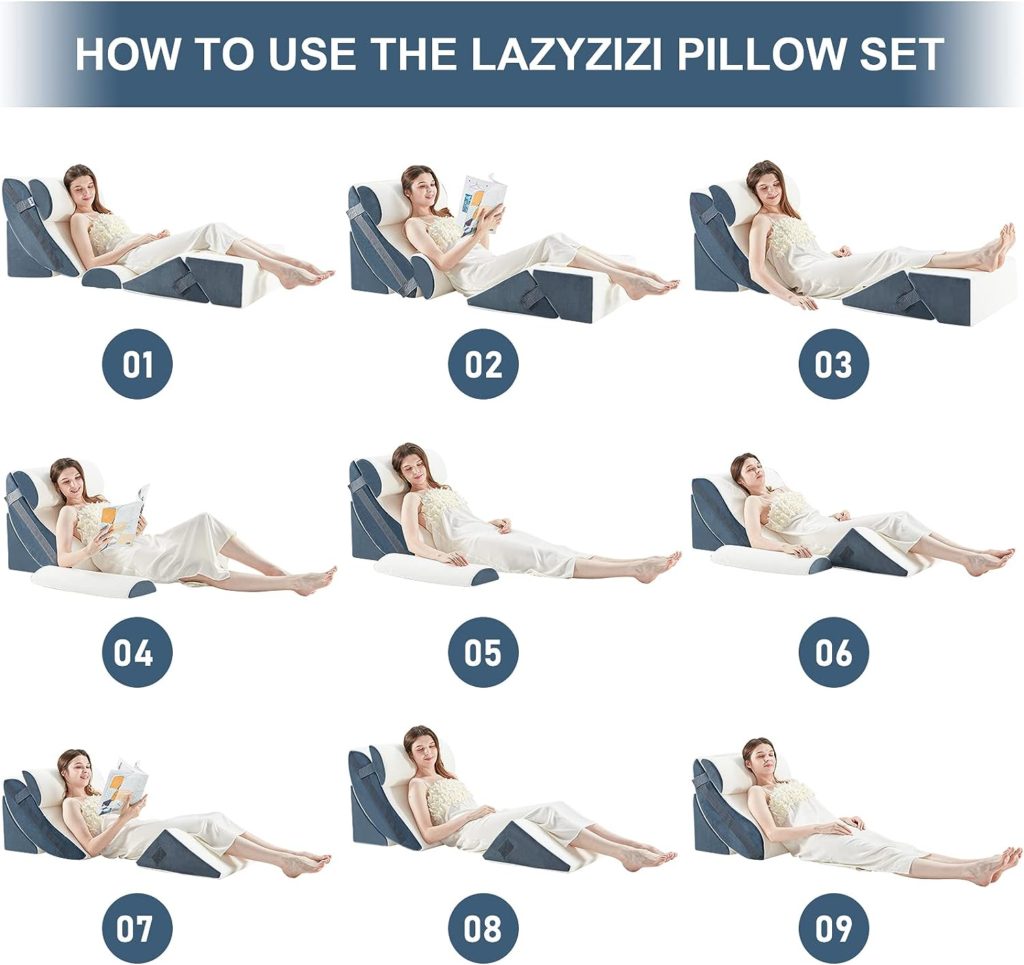 Lazyzizi 6pcs Orthopedic Bed Wedge Pillow Set Memory Foam for Knee, Lumbar and Back Pain Relief Adjustable Bed Pillow - Acid Reflux, Anti Snoring  GERD Sleeping, Grey